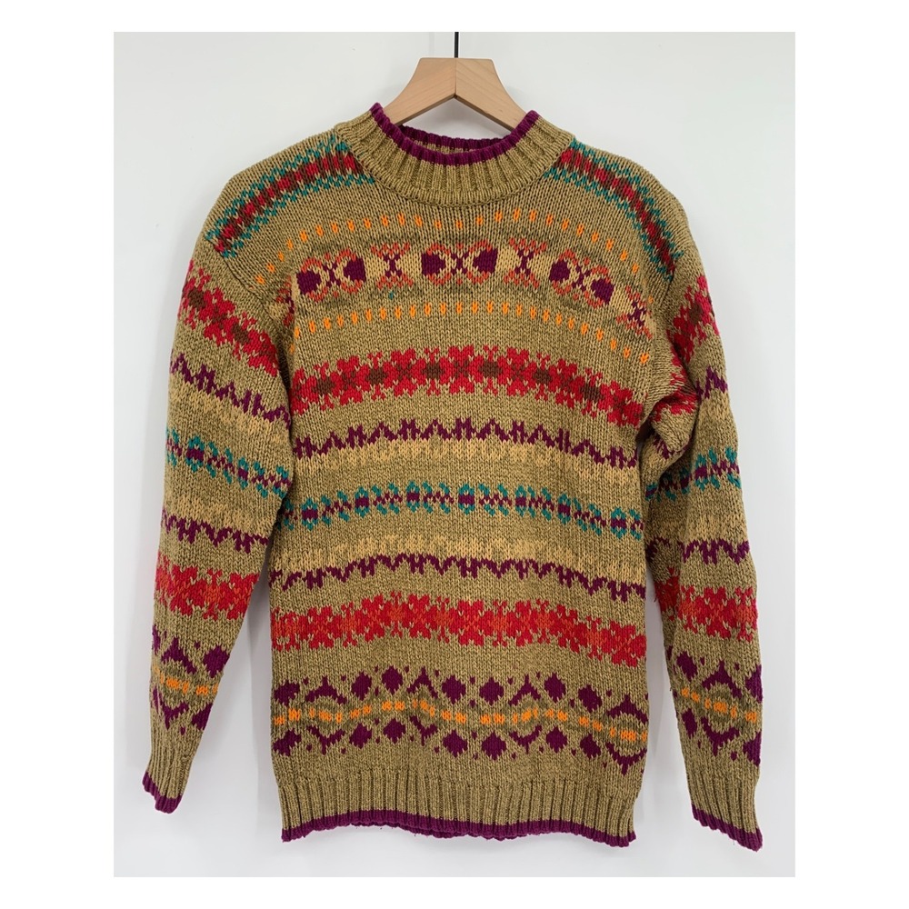 Vintage Lizwear Sweater Womens Small Petite Brown Fair Isle Knit Cotton Thick